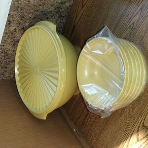 Vintage Tupperware Harvest Gold Salad Bowl Set with 6 serving bowls.